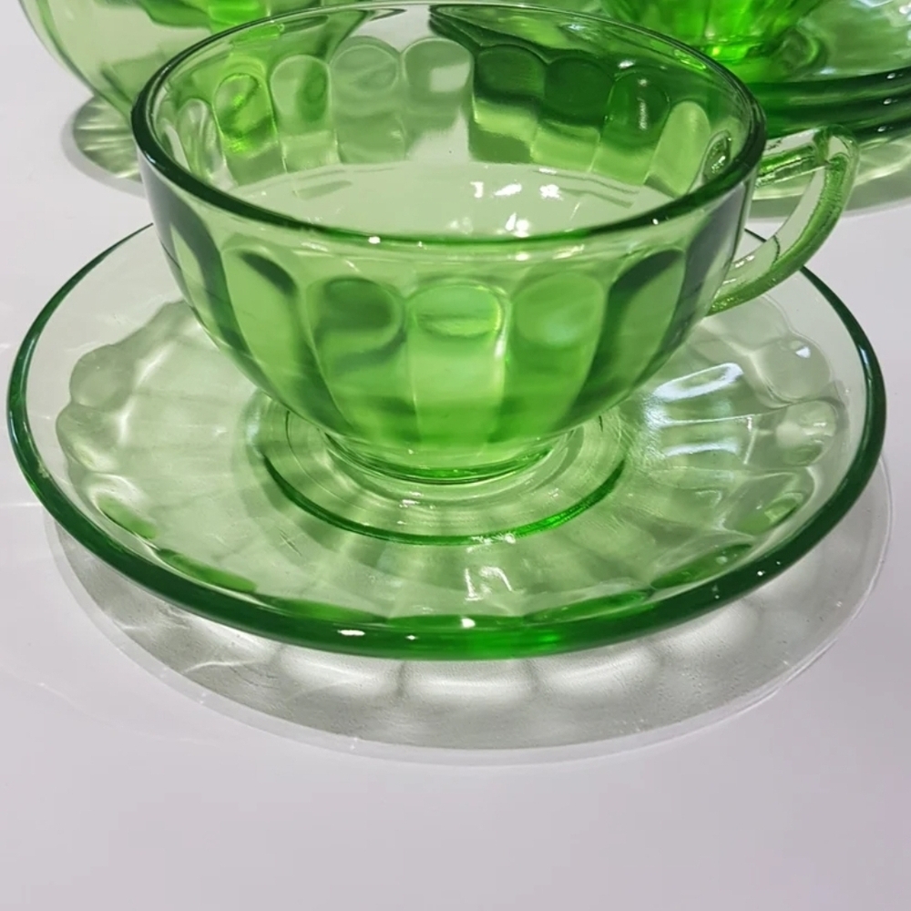 8pc Federal Glass Optic Green Depression Glass Tea Cup & Saucer Set for 4